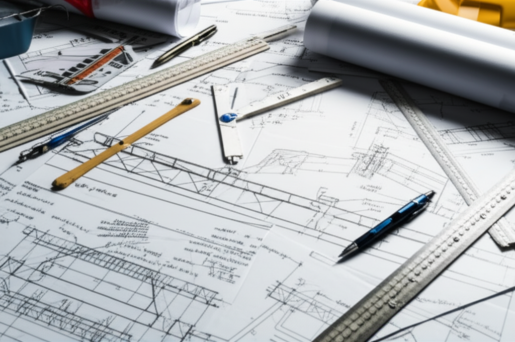 Hình ảnh bàn làm việc kỹ thuật với các bản vẽ, thước đo và tài liệu liên quan đến thiết kế cầu trục dầm đơn.