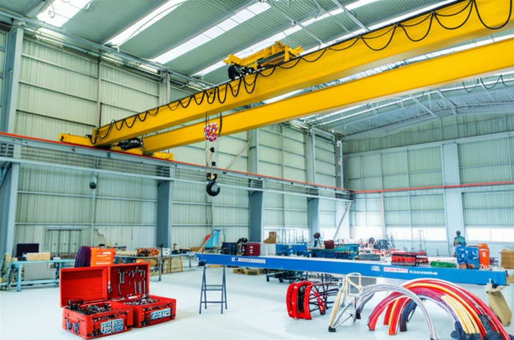 Hình ảnh cầu trục 3 tấn đang được bảo trì trong môi trường nhà xưởng, không có người.