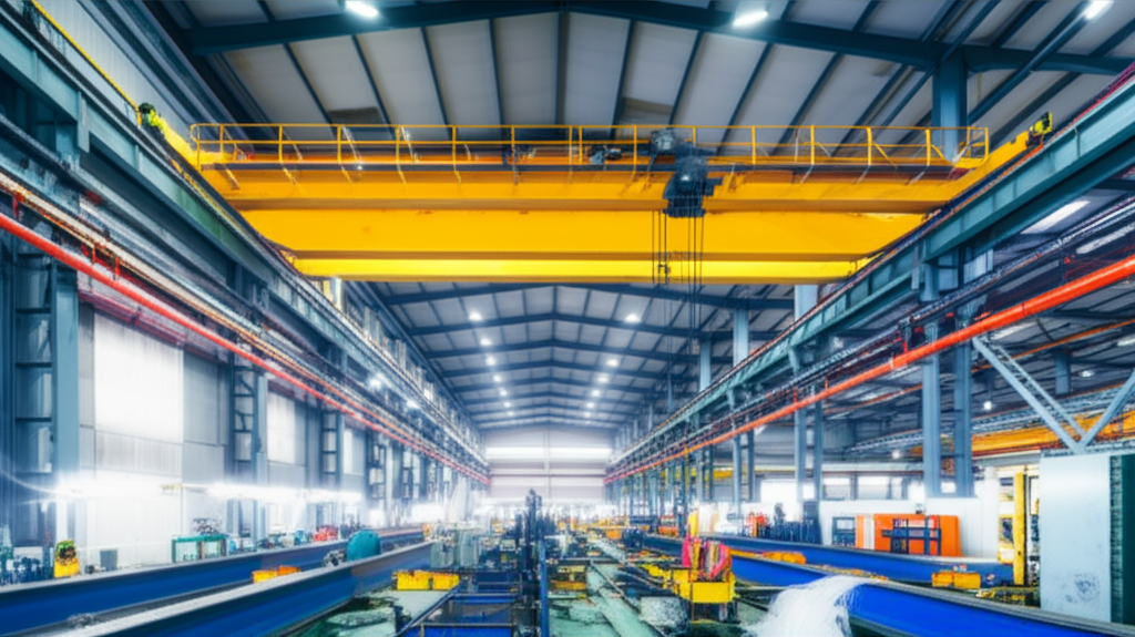 Hình ảnh nhà xưởng với dầm cầu trục đang được bảo trì, không có người.