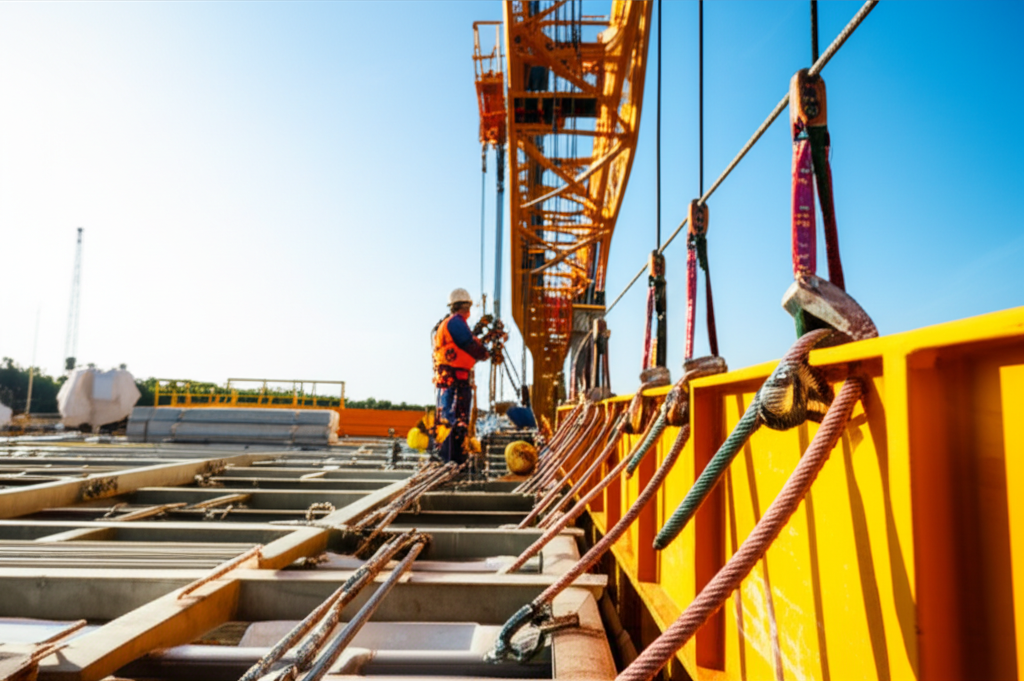 Hình ảnh khu vực công trường với cầu trục và hệ thống cáp dẹt đang được lắp đặt, nhấn mạnh các biện pháp an toàn.