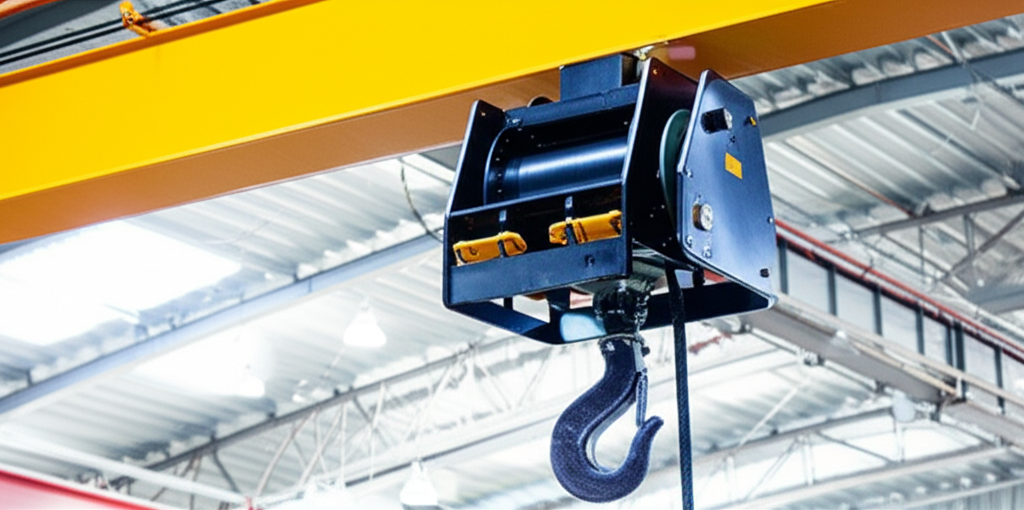 Hình ảnh hệ thống cầu trục trong nhà máy với cáp dẹt đang được lắp đặt, không có người.