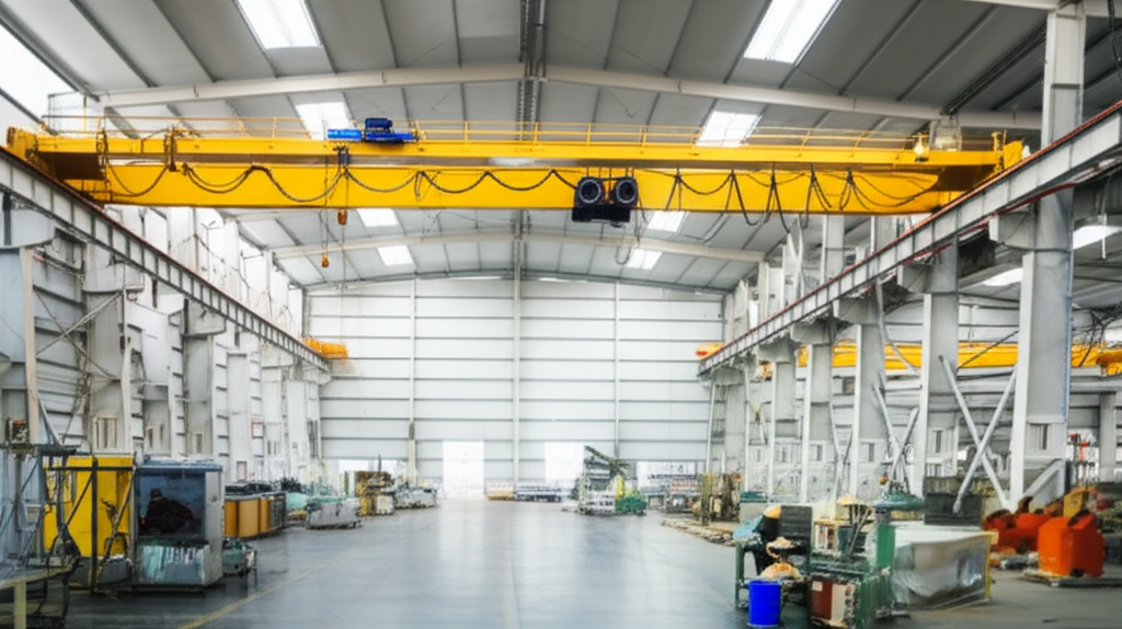 Ảnh chụp cầu trục trong nhà xưởng, nhấn mạnh vào cấu trúc và thiết bị.