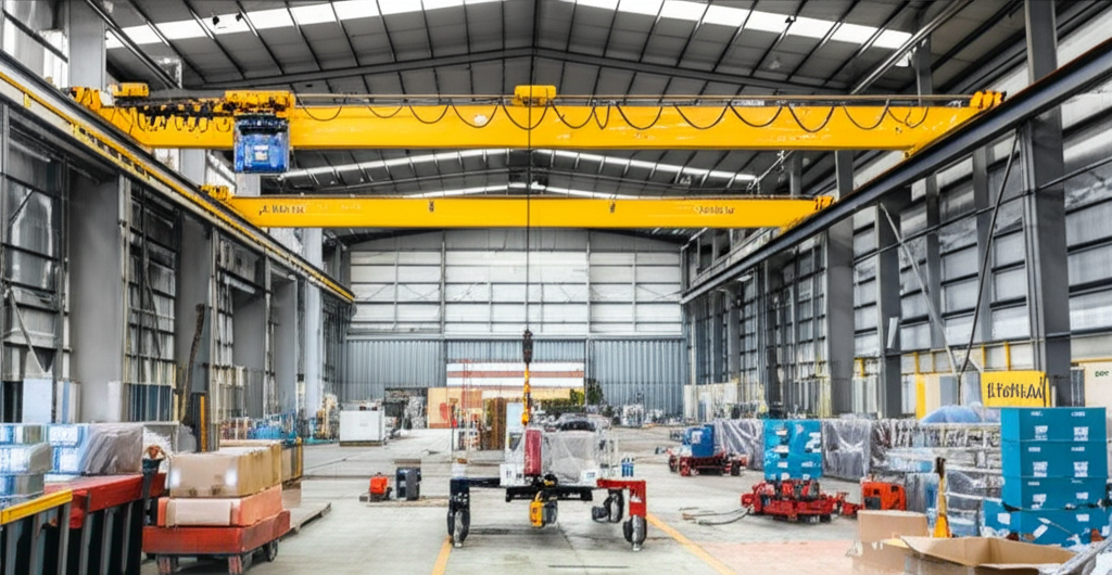 Hình ảnh cầu trục 5 tấn đang được lắp đặt bên trong nhà máy, tập trung vào thiết bị và môi trường làm việc.