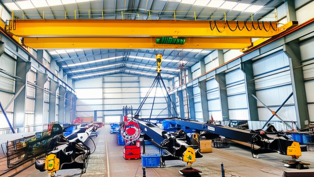 Hình ảnh về quá trình lắp đặt cầu trục 5 tấn dầm đôi trong nhà xưởng, tập trung vào thiết bị và không gian làm việc.