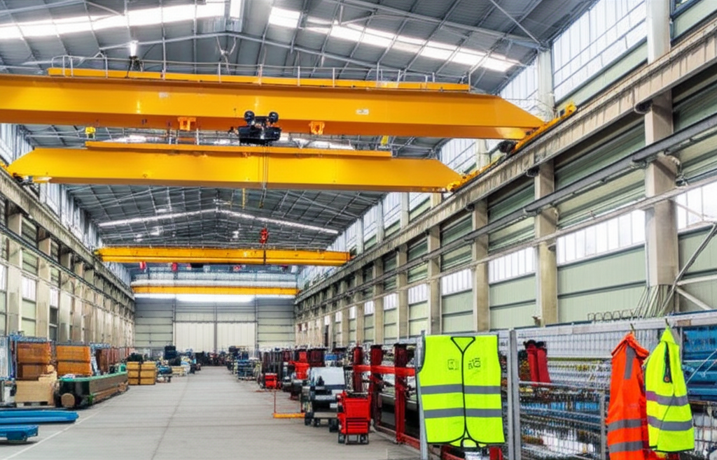 Hình ảnh xưởng sản xuất với hệ thống cầu trục đang được lắp đặt, ánh sáng tự nhiên tốt.
