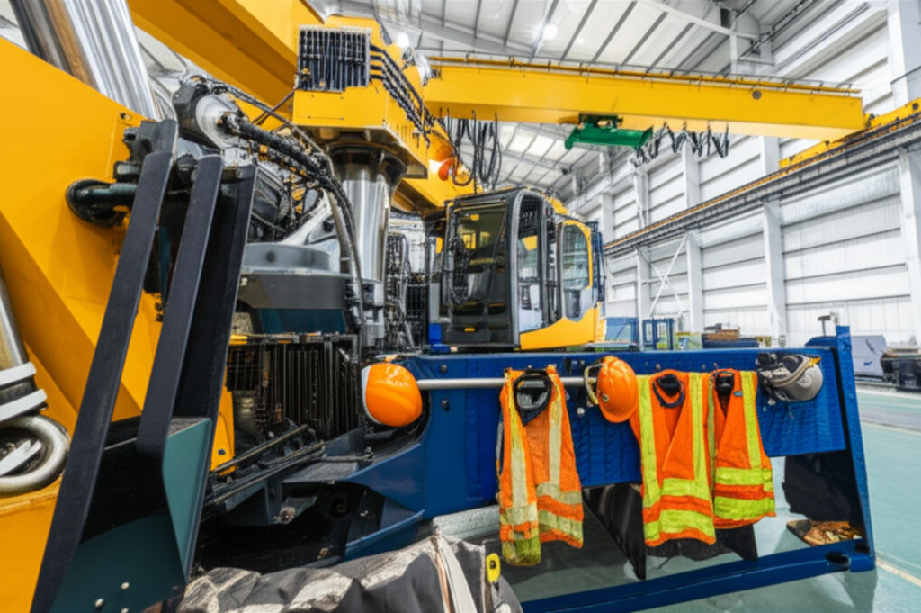 Hình ảnh lắp đặt cầu trục xoay công nghiệp trong nhà máy, không có người.