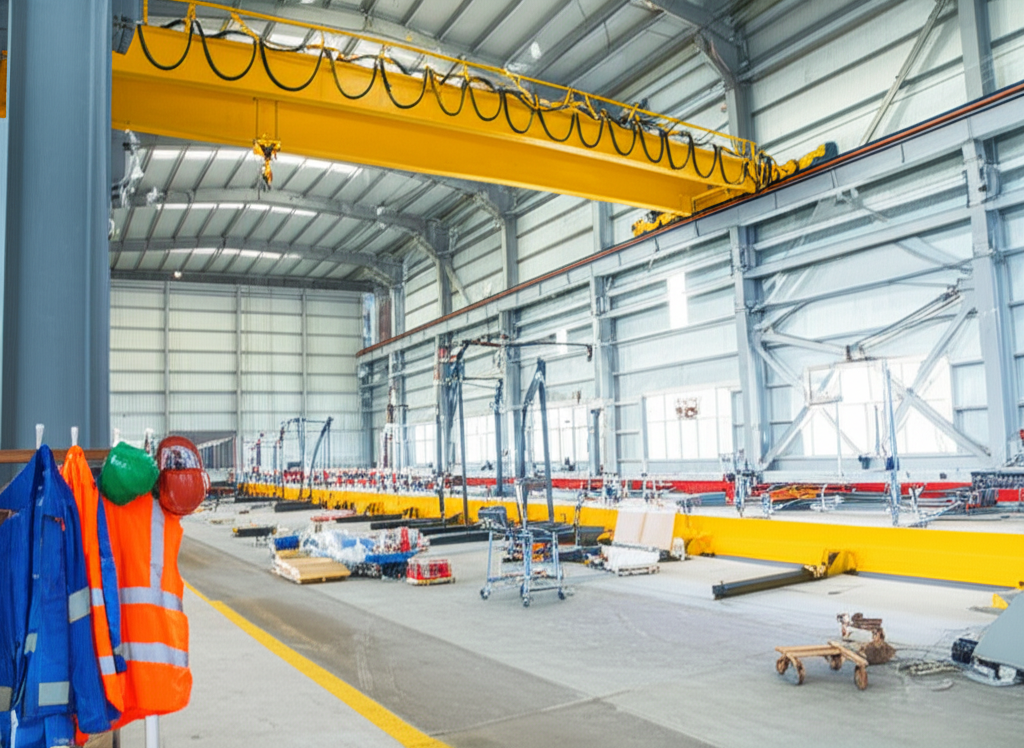 Ảnh chụp cầu trục xoay mới lắp đặt trong nhà máy, không có người.