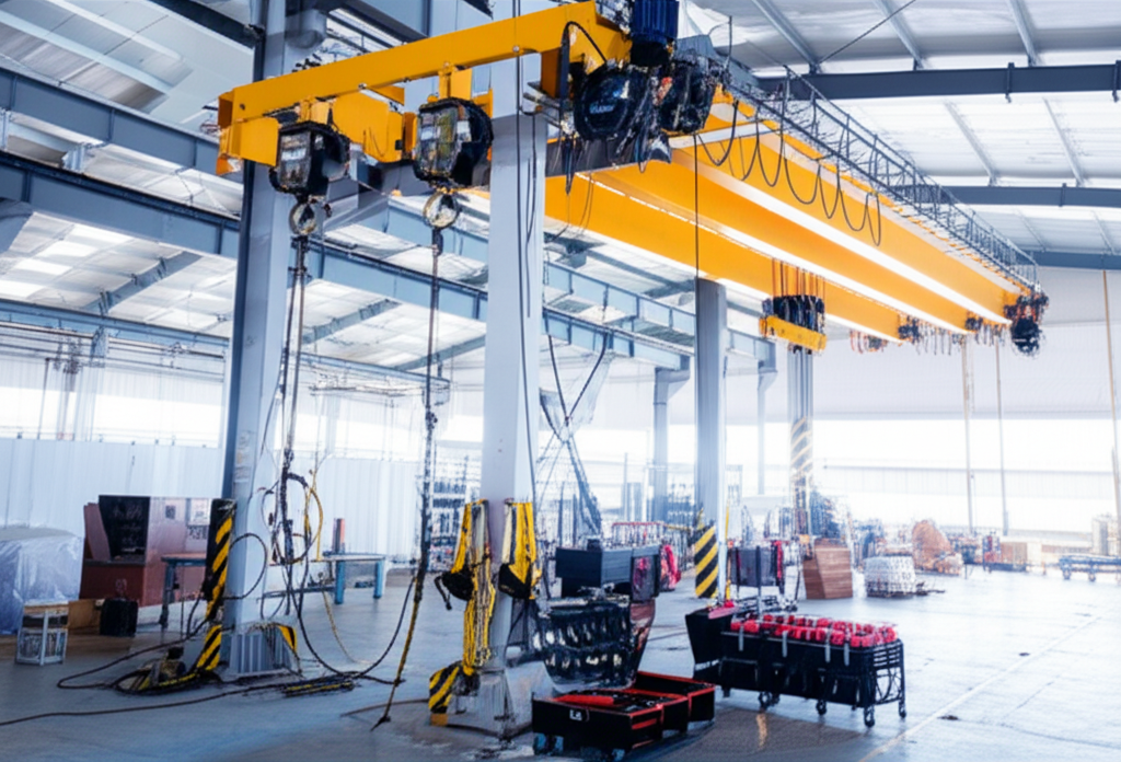 Toàn tập cầu trục: Phân loại, cấu tạo, tiêu chuẩn và báo giá mới 8 Ảnh chụp đội ngũ kỹ thuật viên đang lắp đặt cầu trục trong nhà xưởng. Các kỹ thuật viên mặc đồ bảo hộ lao động và sử dụng các thiết bị chuyên dụng.