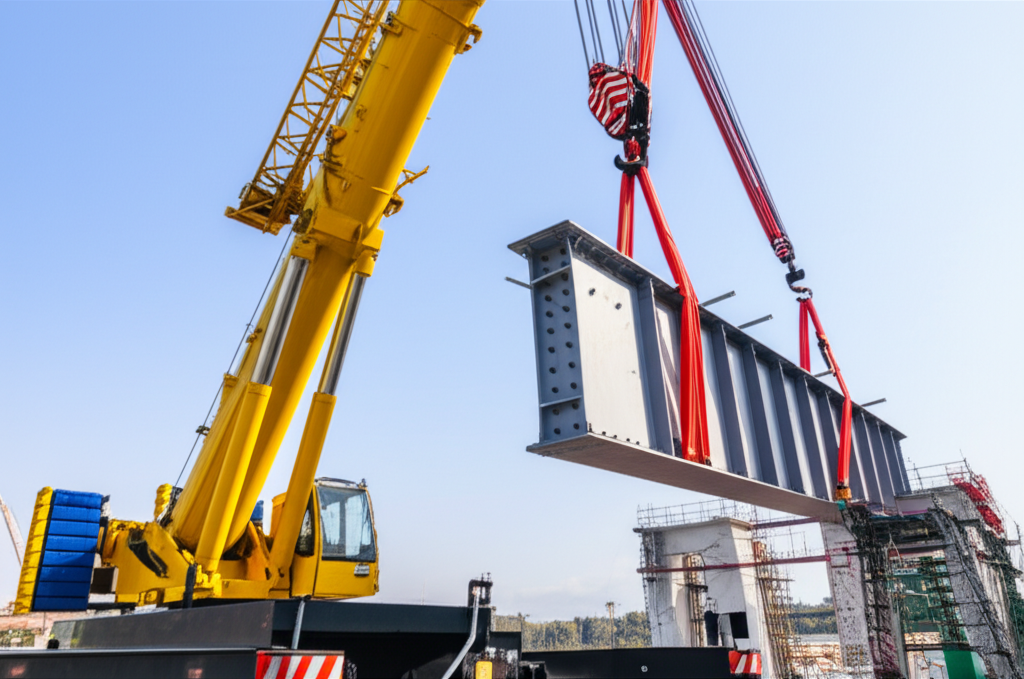 Hình ảnh công trường lắp đặt dầm cầu trục, tập trung vào cần cẩu và các mối nối.