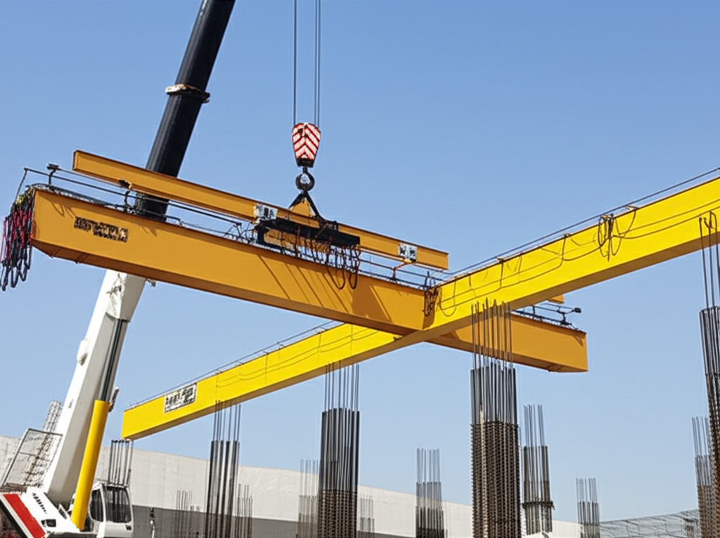 Hình ảnh một công trường xây dựng với cần cẩu đang lắp đặt dầm chính của cầu trục 3 tấn. Các dụng cụ và thiết bị bảo hộ lao động gợi ý về hoạt động gần đây.