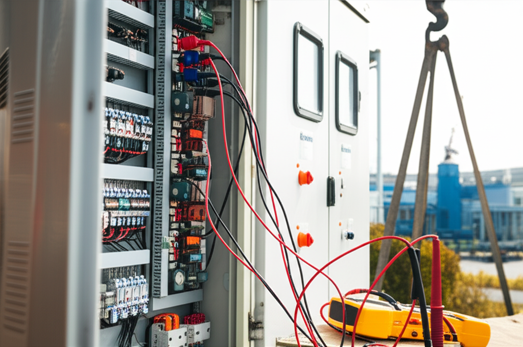 Hình ảnh tủ điện cầu trục và palang đang nâng vật nặng, không có người.