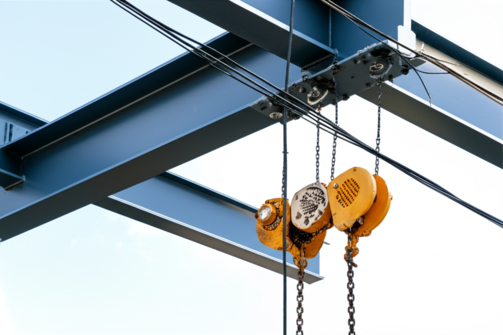 Ảnh chụp công trường xây dựng với pa lăng điện đang được lắp đặt trên dầm cầu trục.