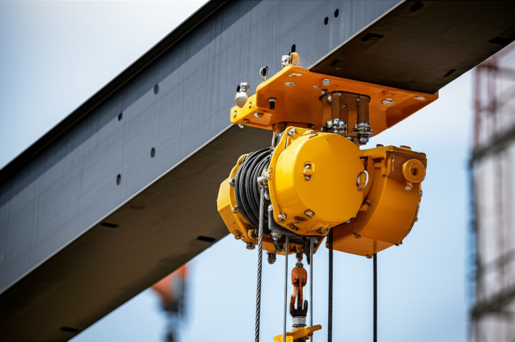 Ảnh chụp cận cảnh palang nâng hạ với dây cáp và các bộ phận đang được lắp đặt vào dầm chính.