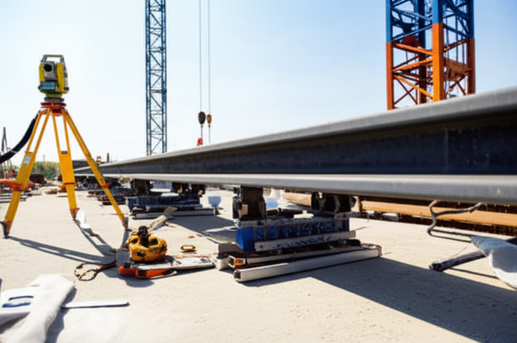 Ảnh chụp công trường đang lắp đặt ray cầu trục, không có người, chỉ có thiết bị.