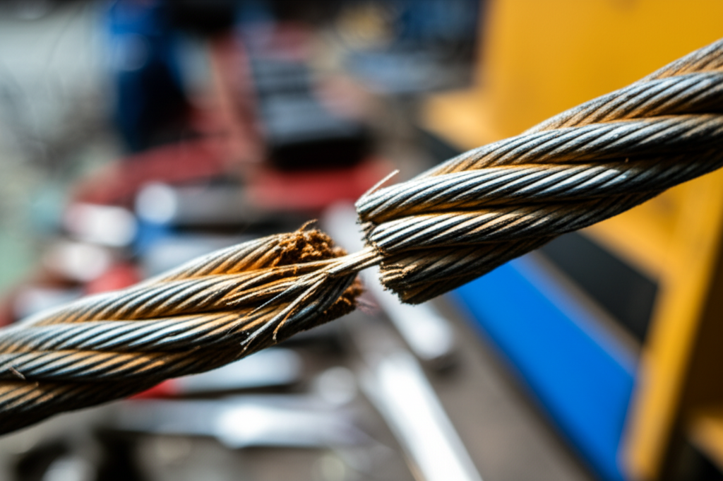 Ảnh cận cảnh cáp dẹt bị mòn và đứt lõi trong xưởng sửa chữa cầu trục, cho thấy dấu hiệu sử dụng lâu ngày và oxy hóa.