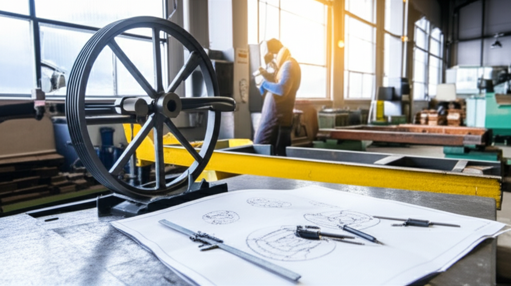 Ảnh chụp cận cảnh bàn làm việc của kỹ sư cơ khí, có bánh xe cầu trục, thước cặp và bản vẽ kỹ thuật. Không có người trong ảnh.