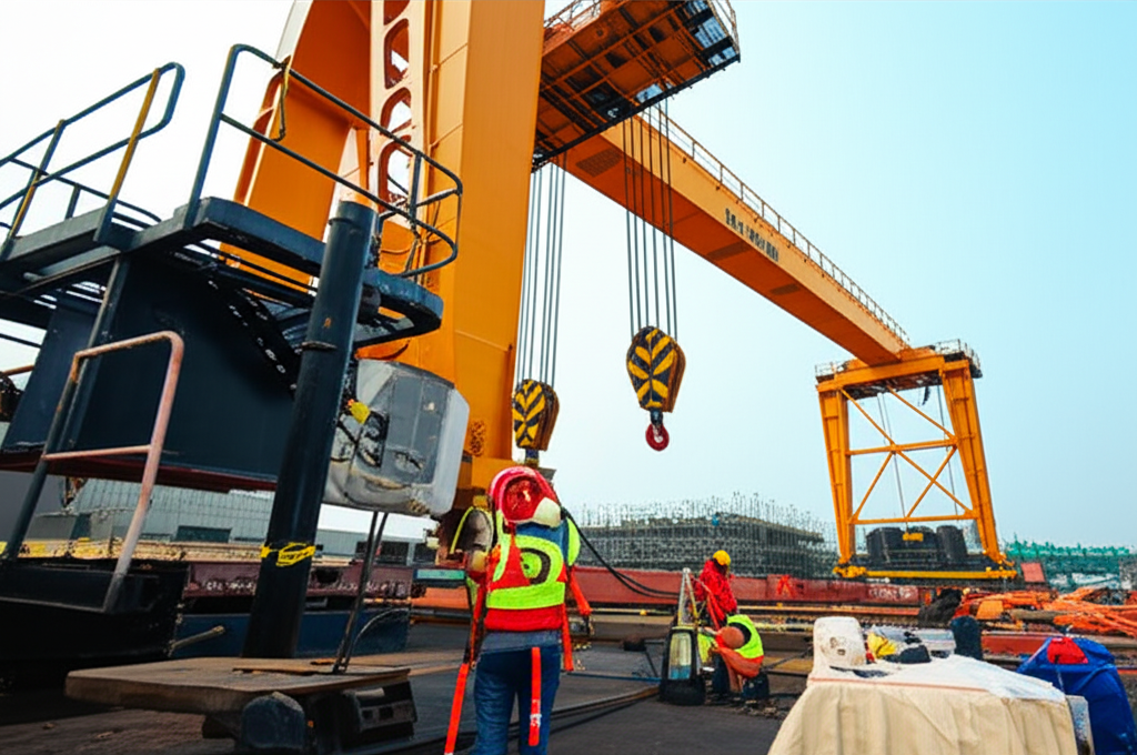 Hình ảnh cầu trục công nghiệp đang được bảo trì với các dụng cụ và thiết bị an toàn, không có người.