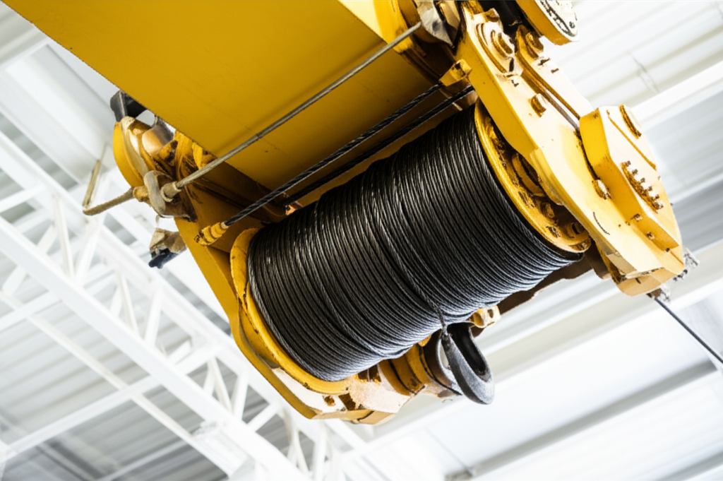 Ảnh cận cảnh cầu trục 3 tấn, tập trung vào pa lăng, cáp nâng và móc cẩu.