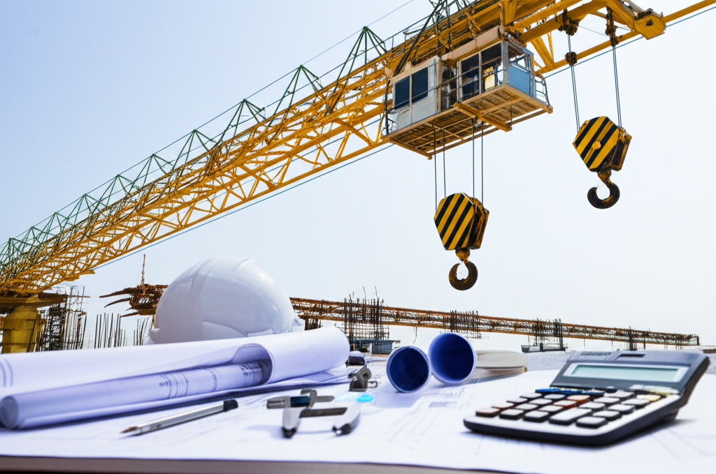 Hình ảnh bản vẽ kỹ thuật cầu trục dầm đôi đang được kiểm tra bằng thước đo và máy tính.