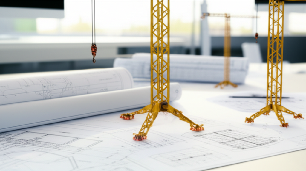 Hình ảnh mô tả bản vẽ kỹ thuật và mô hình 3D của cầu trục trong một văn phòng kỹ thuật sáng sủa.