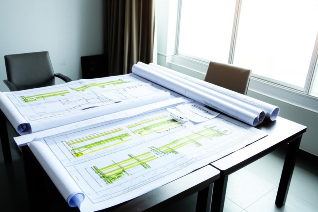 Hình ảnh bàn làm việc với các bản vẽ kỹ thuật và tài liệu liên quan đến cầu trục dầm đôi, gợi ý một cuộc tư vấn gần đây.