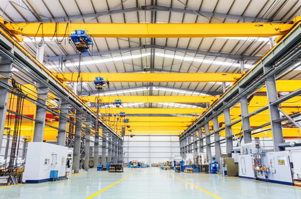 Hình ảnh các loại cầu trục khác nhau (dầm đơn, dầm đôi, treo, quay) trong môi trường nhà máy sản xuất.