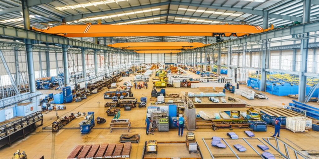 Hình ảnh nhà xưởng sản xuất cầu trục hiện đại với quy trình sản xuất chuyên nghiệp và ánh sáng tự nhiên.