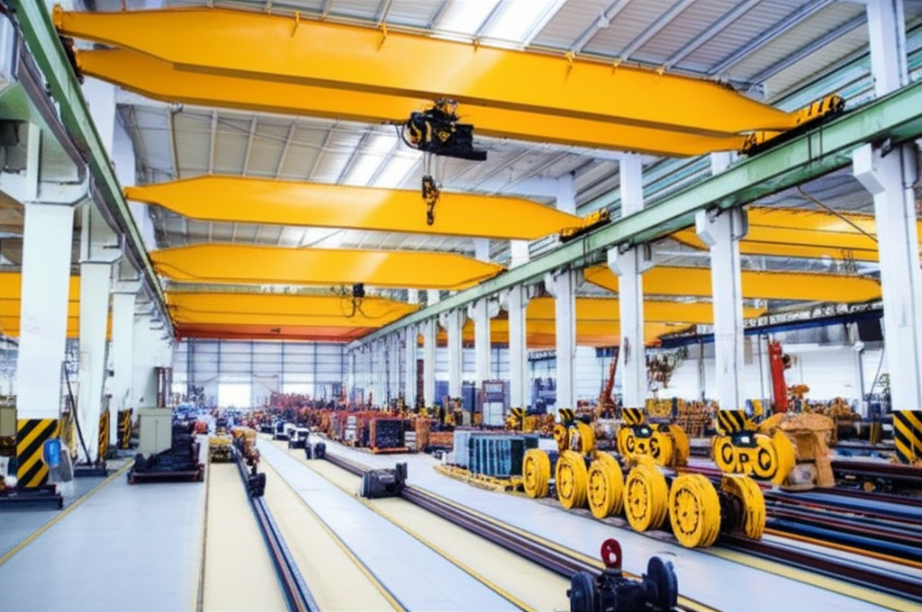 Ảnh chụp kho chứa thiết bị cầu trục như dầm, palang, cáp thép, tủ điện và ray di chuyển, được sắp xếp gọn gàng.