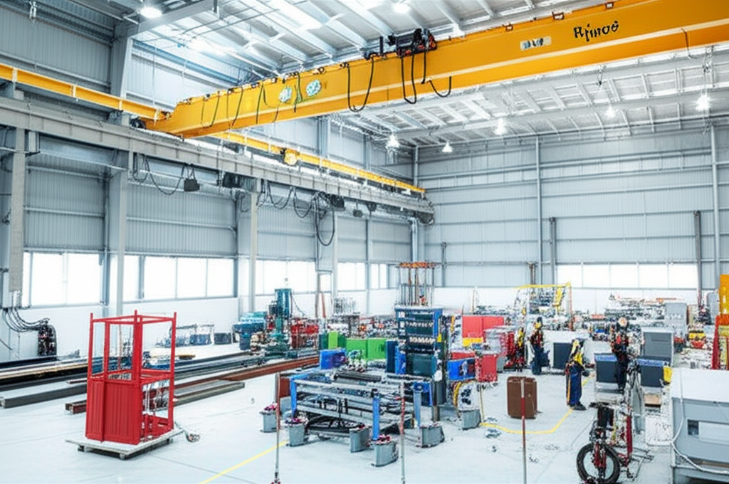 Hình ảnh cầu trục 5 tấn đang được lắp đặt bên trong nhà xưởng, không có người.