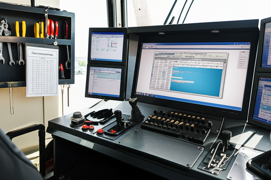 Hình ảnh khu vực làm việc của người vận hành cầu trục với bảng kiểm tra an toàn treo gần đó.