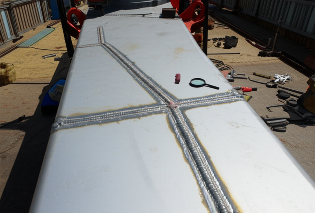 Ảnh chụp cận cảnh mối hàn trên dầm cầu trục tại công trường xây dựng, với các dụng cụ kiểm tra chất lượng mối hàn.