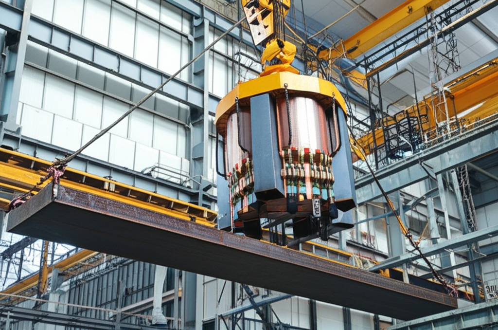 Hình ảnh một nam châm điện đang nâng một tấm thép lớn bằng cầu trục.
