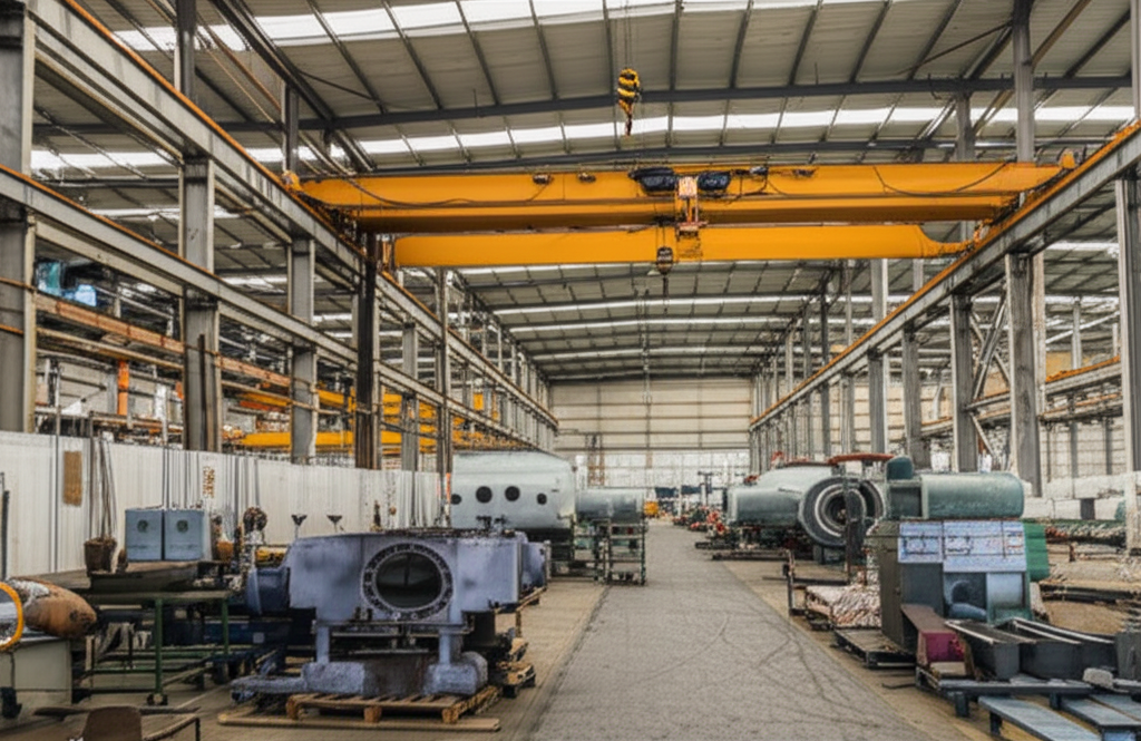 Ảnh nhà xưởng cơ khí, tập trung vào cầu trục 5 tấn đang di chuyển các bộ phận máy lớn.