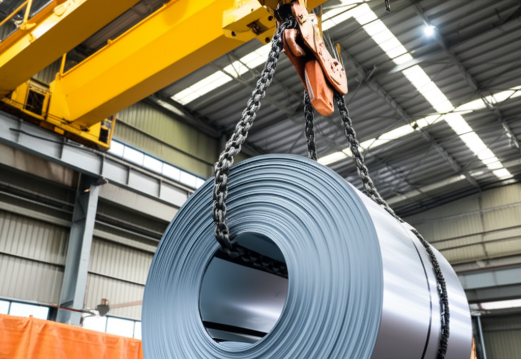 Ảnh chụp nhà xưởng với cầu trục 3 tấn đang nâng một cuộn thép lớn, không có người trong ảnh.