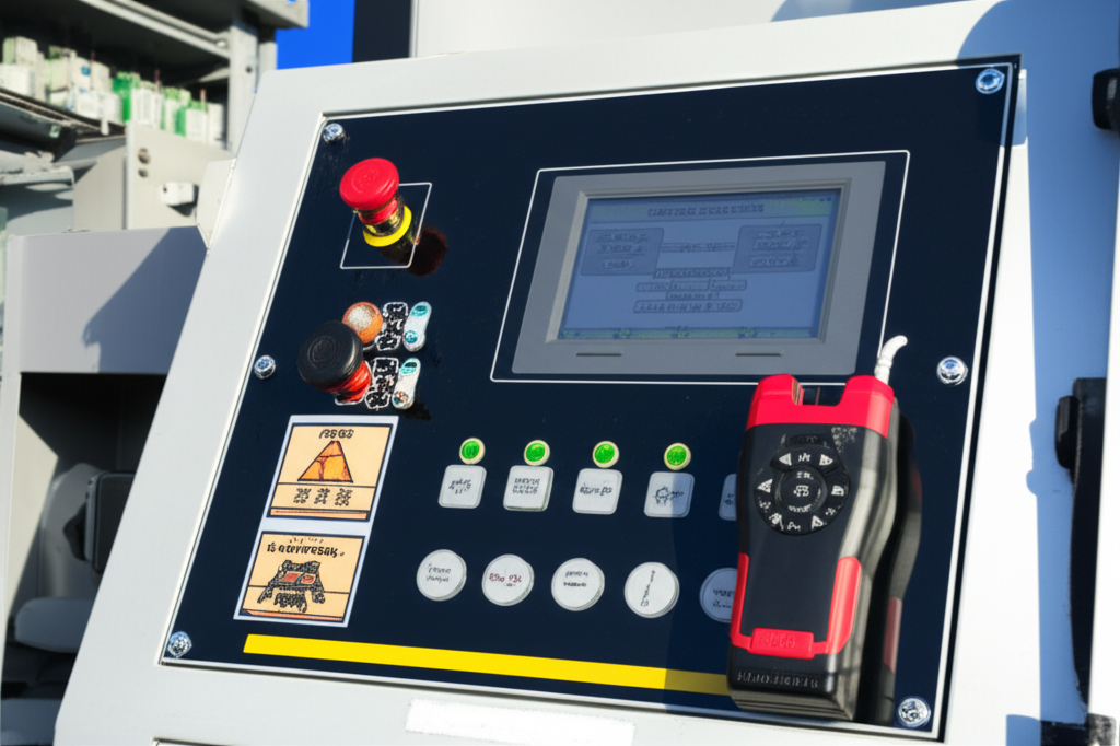 Ảnh cận cảnh bảng điều khiển của hệ thống cầu trục thông minh, hiển thị các nút bấm, màn hình và đèn báo.