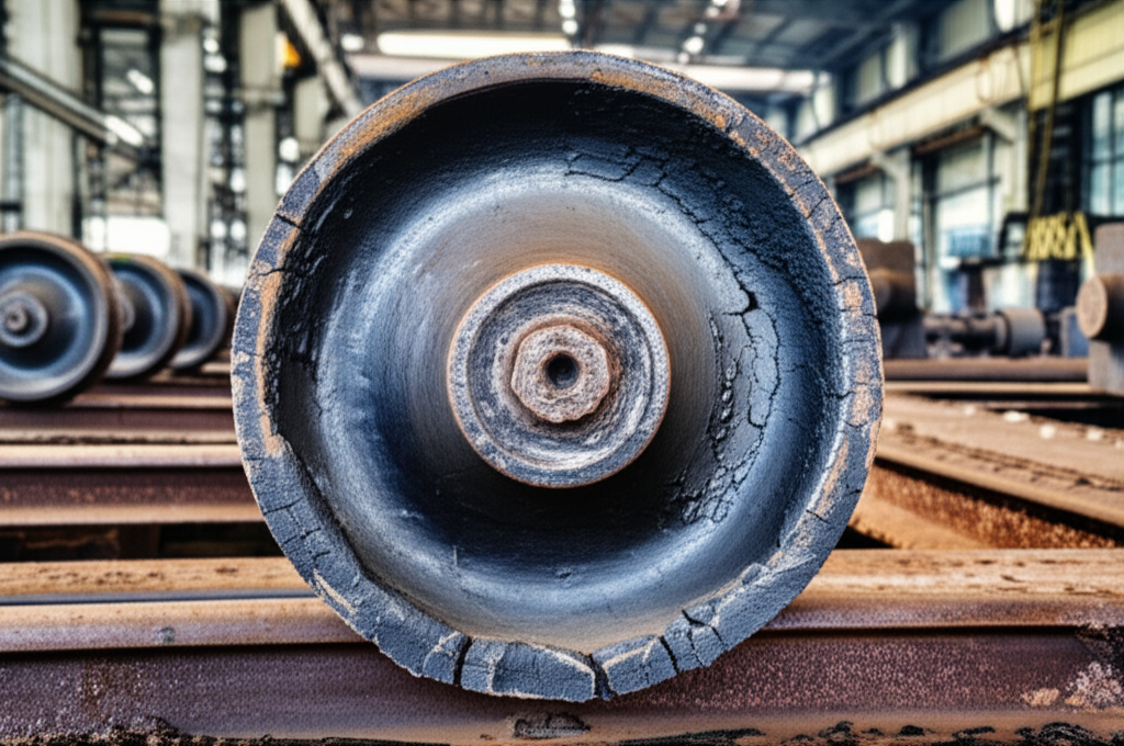 Ảnh chụp bánh xe cầu trục bị mòn và nứt vỡ nghiêm trọng, đặt trên đường ray gỉ sét trong một nhà xưởng cũ.