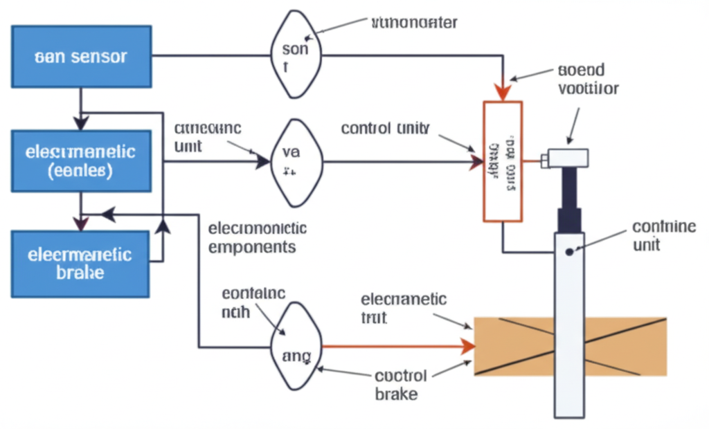 Ảnh chụp sơ đồ nguyên lý hoạt động của bộ chống va điện từ, bao gồm cảm biến, bộ điều khiển và phanh điện từ.
