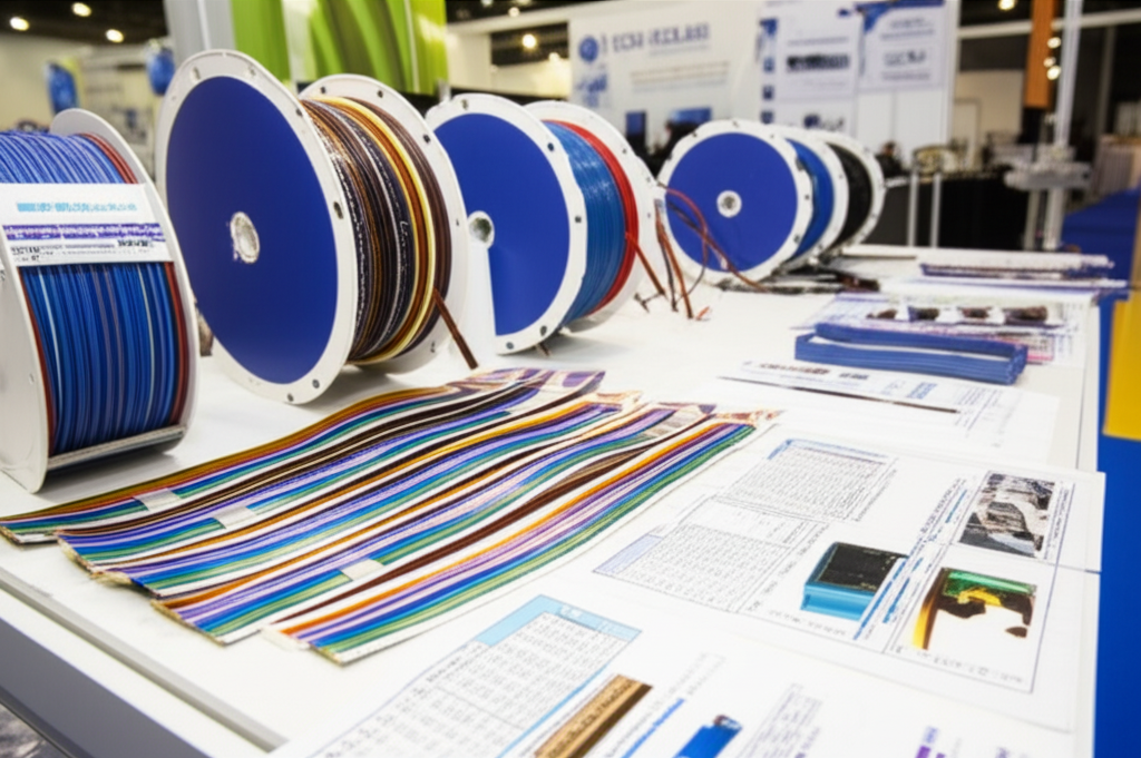 Ảnh chụp gian hàng trưng bày các loại cáp dẹt khác nhau, với thông tin chi tiết về kỹ thuật và chứng nhận chất lượng, trong bối cảnh một triển lãm thiết bị công nghiệp.