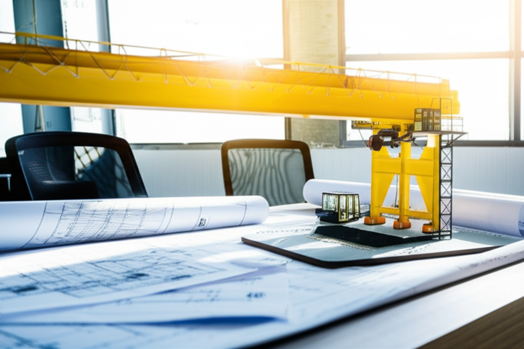 Ảnh chụp khu vực văn phòng với tài liệu và mô hình cầu trục trên bàn, gợi ý về cuộc tư vấn gần đây.