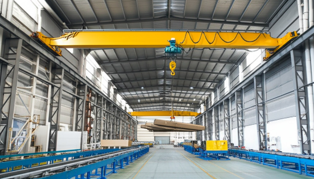 Ảnh chụp nhà máy hiện đại với dây chuyền sản xuất và cầu trục 5 tấn hoạt động.