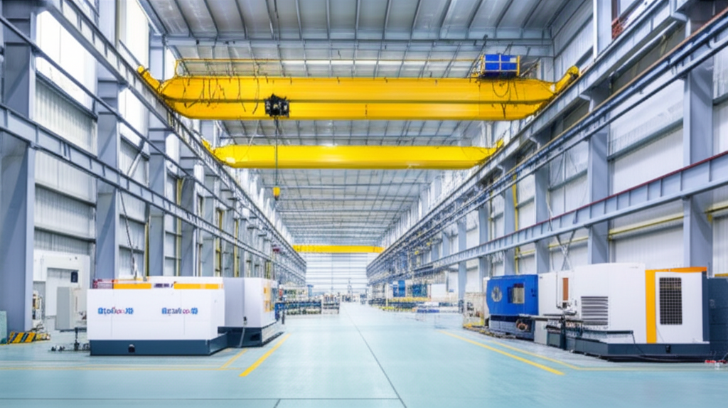 Hình ảnh nhà máy sản xuất hiện đại, có cầu trục dầm đơn, tập trung vào thiết bị và kiến trúc.