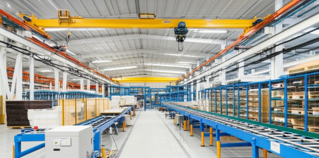Hình ảnh nhà máy hiện đại với hệ thống cầu trục giúp di chuyển hàng hóa nhanh chóng và an toàn, không có người.