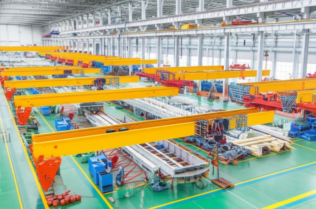 Ảnh chụp nhà máy sản xuất cầu trục, cho thấy nhiều cầu trục đang trong quá trình sản xuất và kiểm tra, không có người.