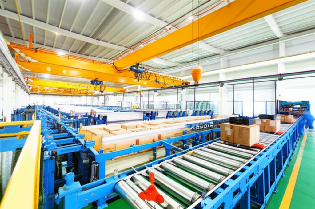 Toàn cảnh nhà máy sản xuất hiện đại, tập trung vào dây chuyền sản xuất tự động và các cầu trục đang hoạt động.
