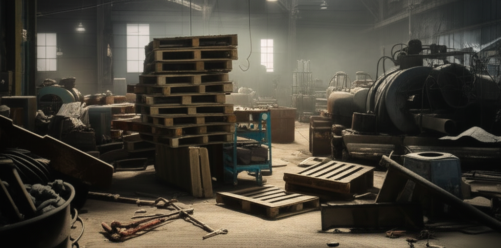 Hình ảnh nhà máy sản xuất với các vật liệu nặng và không gian làm việc lộn xộn, thể hiện sự khó khăn trong quá trình vận chuyển.