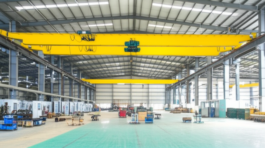 Ảnh nhà xưởng hiện đại, sáng sủa với cầu trục 5 tấn dầm đôi, không có người.