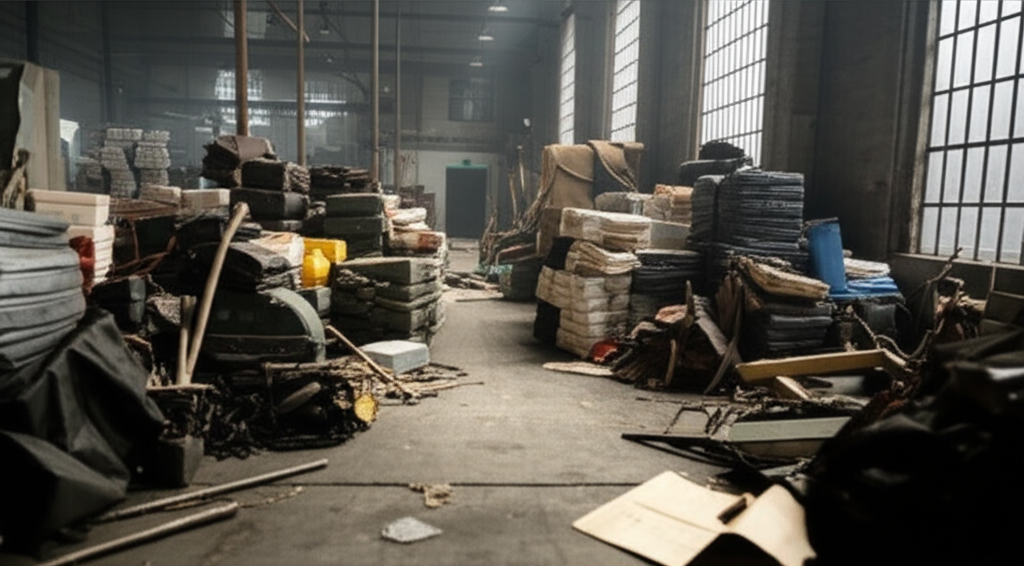 Ảnh chụp nhà xưởng cũ kỹ với hàng hóa chất đống, thể hiện sự vất vả trong công việc.