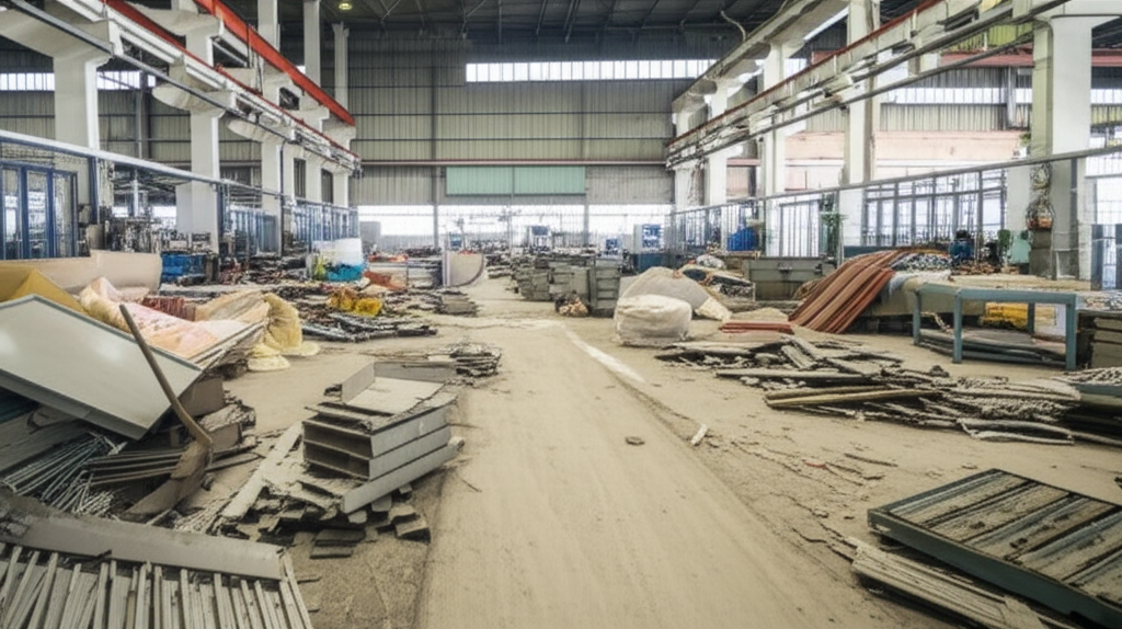 Hình ảnh photorealistic của một nhà xưởng lộn xộn với dấu hiệu của công việc chân tay vất vả, không có người.