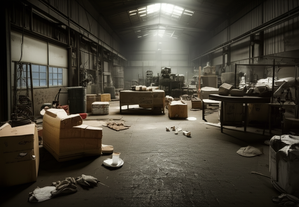 Hình ảnh một xưởng sản xuất với nhiều hàng hóa và thiết bị ngổn ngang, ánh sáng yếu, cho thấy dấu hiệu của công việc chân tay vất vả.