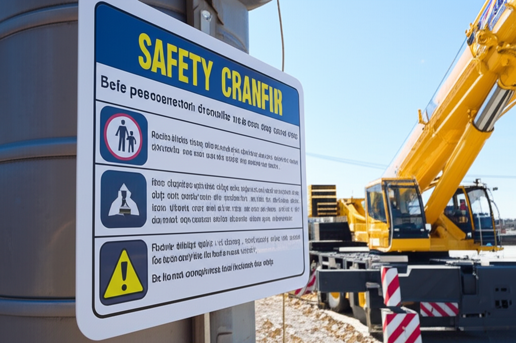 Hình ảnh biển báo an toàn lớn đặt cạnh một cầu trục xoay, hướng dẫn sử dụng an toàn.